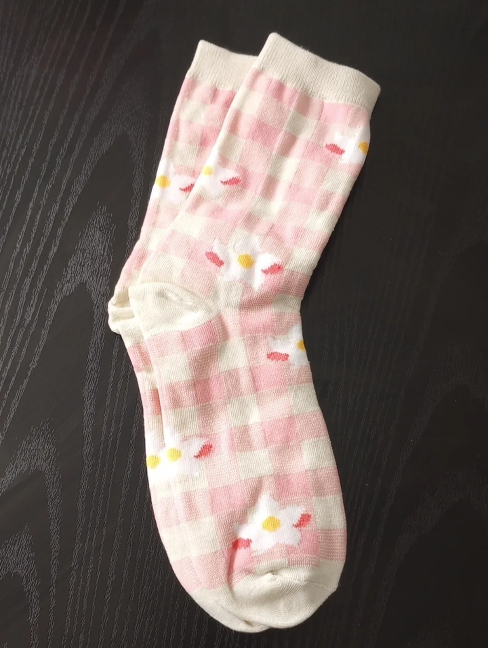 Pink Cream Gingham Floral Crew Mid-calf Socks